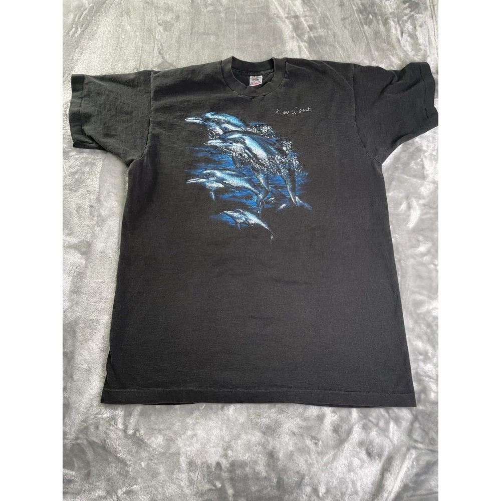 Vtg Keywest Florida Graphic Dolphins In The Sea Black T Shirt Sz XL